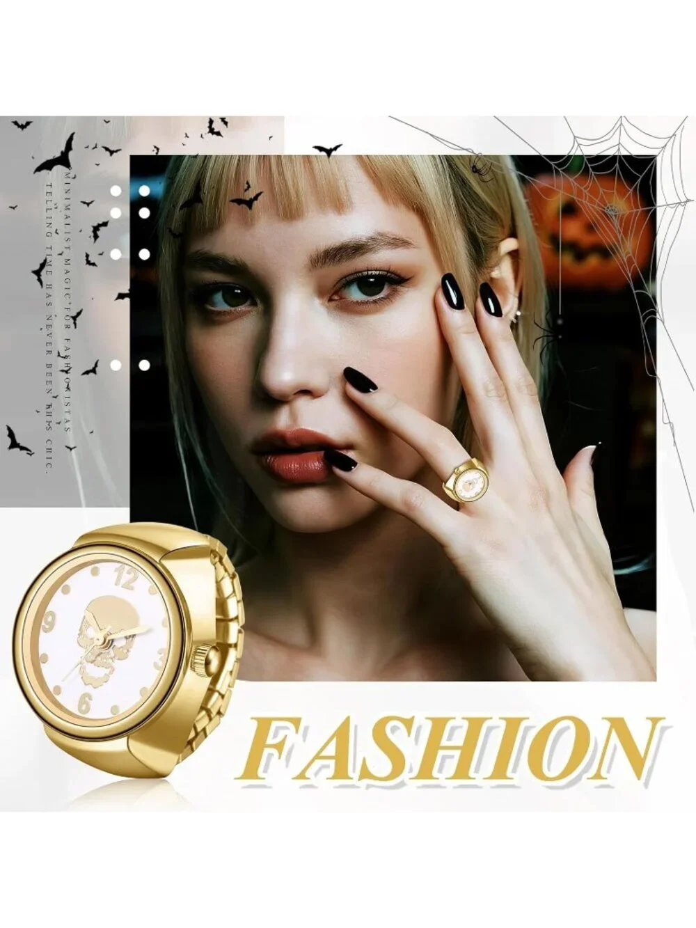 Unisex Gold Analog Quartz Rhinestone Vintage Elastic Skull Finger Ring Watch